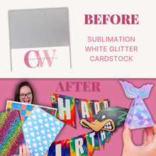 Load image into Gallery viewer, sublimation white glitter cardstock, take white glitter cardstock and change it to any pattern or cutout you need glittered 
